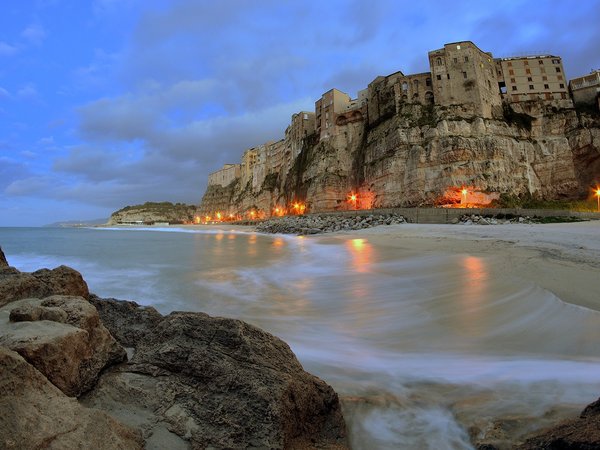 Calabria, cliff, clouds, italy, landscape, lights, sea, sky, Tropea, village