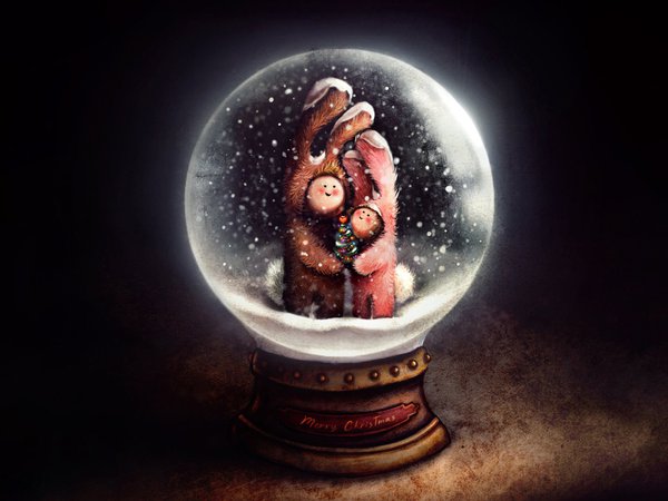 елка, костюмы, кролики, рождество, снег, шар