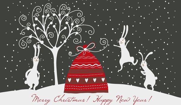 Обои на рабочий стол: зайцы, кролики, мешок с подарками, новый год, рождество
