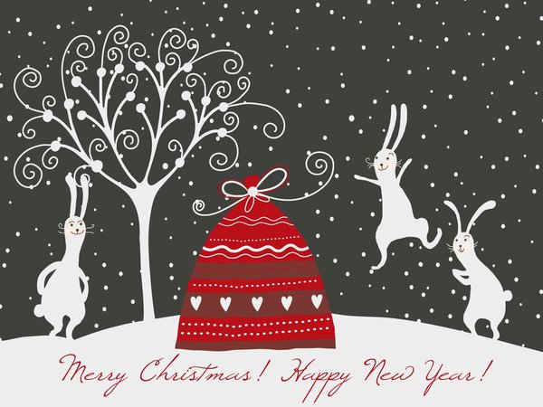 зайцы, кролики, мешок с подарками, новый год, рождество