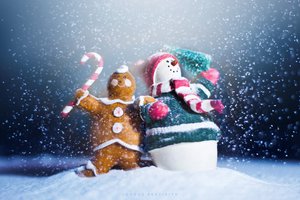 Обои на рабочий стол: happy, new year, snow, snowman, winter, новый год, праздник, пряник, снеговик