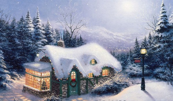 Обои на рабочий стол: christmas, new year, silent night, thomas kinkade, безмолвная ночь, домик, елка, елки, живопись, картина, лес, новый год, огни, пейзажи, рождество, сказочный, снег, фонарь