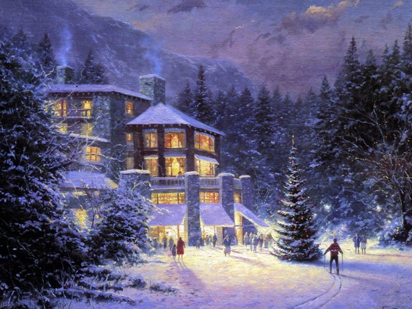 christmas, christmas at the ahwahnee, thomas kinkade, ели, елка, живопись, зима, картина, лес, лыжник, люди, отель, праздник, рождество