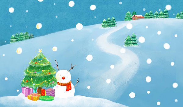 Обои на рабочий стол: дом, дорога, елка, ёлочные украшения, ель, зима, новый год, подарки, праздник, рисунок, снег, снеговик, шарф