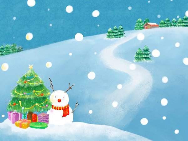 дом, дорога, елка, ёлочные украшения, ель, зима, новый год, подарки, праздник, рисунок, снег, снеговик, шарф