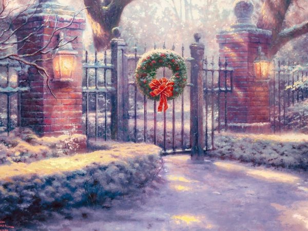 christmas gate, painting, thomas kinkade, ворота, живопись, рождественское, снег, томас кинкейд, украшение, фонари
