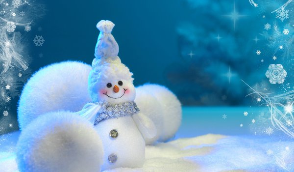 Обои на рабочий стол: волшебство, праздник, снег, снеговик, снеговичок, снежинки, снежные, улыбка, шары