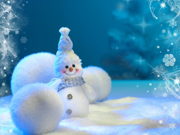 волшебство, праздник, снег, снеговик, снеговичок, снежинки, снежные, улыбка, шары