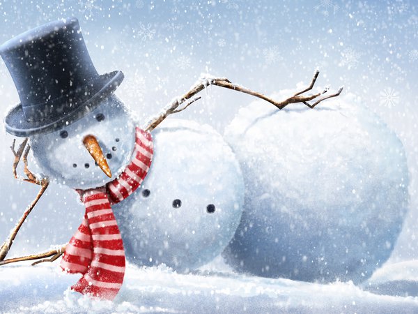 зима, снег, снеговик, снежинки, шарф, шляпа