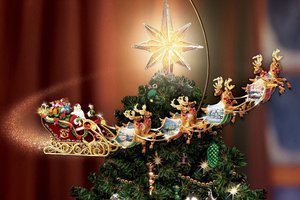 Обои на рабочий стол: thomas kinkade, елка, звезда, новый год, олени, сани