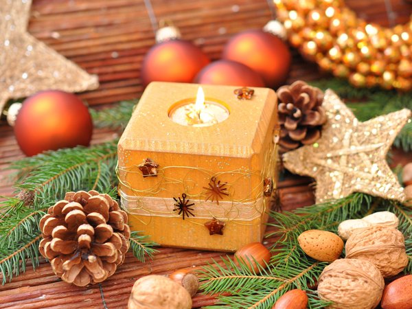 christmas color, christmas decoration, happy new year, ветки, декорации, ель, игрушки, новогодние обои, новый год, орехи, праздник, свеча