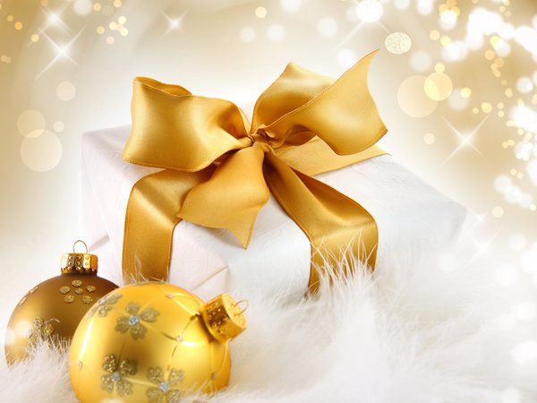 бант, блестки, золото, золотые, коробка, лента, новый год, подарок, праздник, рождество, упаковка, шарики, шары