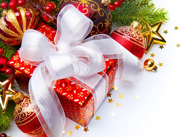 christmas, new year, бант, белые, блестки, ветка, елочные, игрушки, коробка, красные, ленты, новый год, подарок, праздники, рождество, украшения, упаковка, шарики, шары