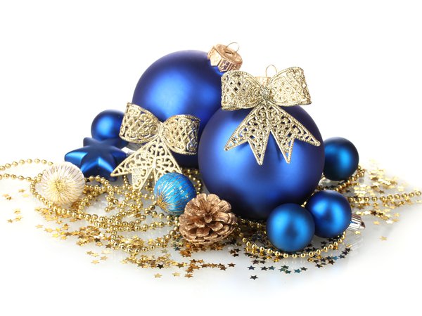 christmas, new year, банты, белый фон, елочные, звезды, игрушки, новый год, рождество, синие, снежинки, украшения, шары, шишка