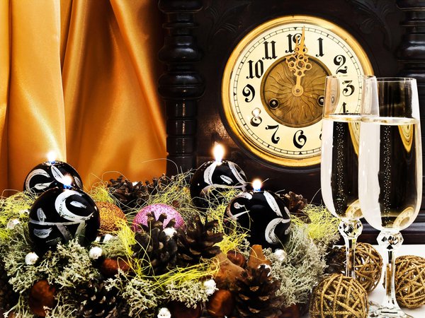 christmas, midnight, new year, бокалы, новый год, праздник, часы, шампанское
