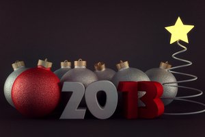 Обои на рабочий стол: 2013, белый, елка, звезда, красный, шары