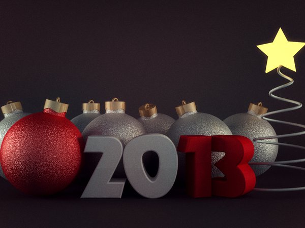 2013, белый, елка, звезда, красный, шары