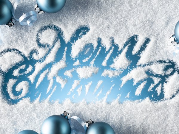 merry christmas, надпись, поздравление, праздник, рождество, синие, снег, шары