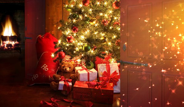 Обои на рабочий стол: елка, камин, новый год, подарки, рождество, свет, украшения