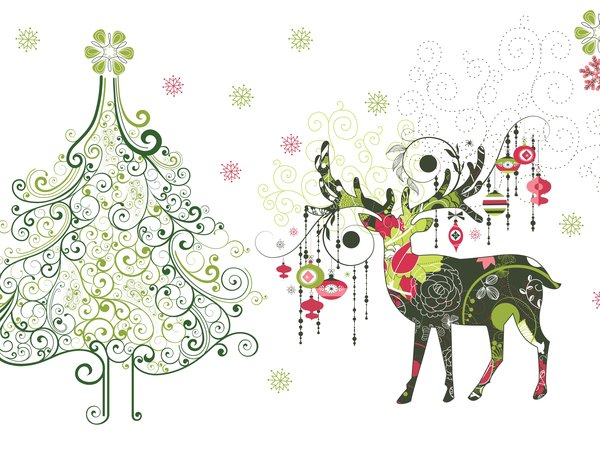 арт, вектор, елочка, игрушки, минимализм, новый год, олень, праздник, снежинки