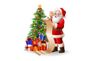 Обои на рабочий стол: белый фон, елка, новый год, подарки, рождество, Санта-Клаус, список
