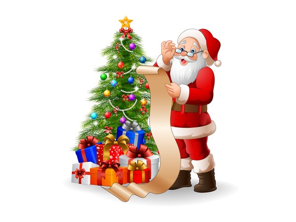 белый фон, елка, новый год, подарки, рождество, Санта-Клаус, список