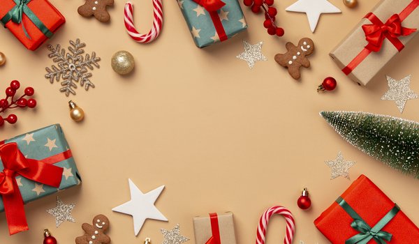 Обои на рабочий стол: christmas, new year, бант, бантик, елка, новогодний фон, новый год, печенье, подарки, рождество, снежинки