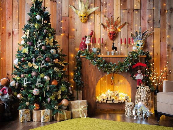 christmas, decoration, design, fir tree, fireplace, gift box, interior, new year, room, елка, камин, новый год, подарки, рождество