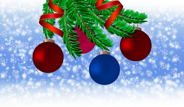 Обои на рабочий стол: balls, new year, ветки, елка, новый год, праздник, снег, снежинки, шарики