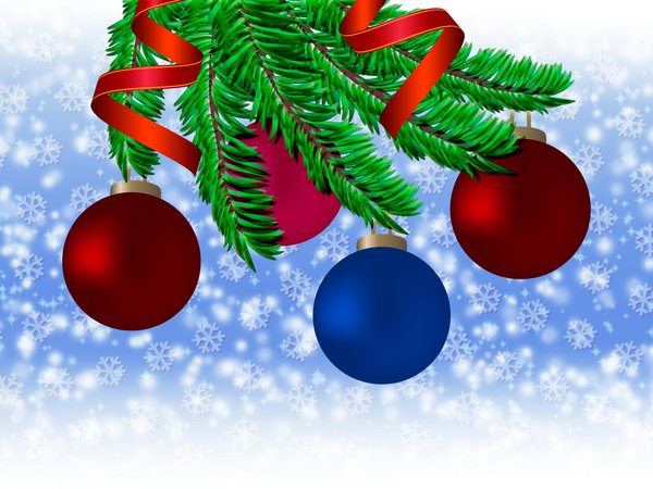 balls, new year, ветки, елка, новый год, праздник, снег, снежинки, шарики