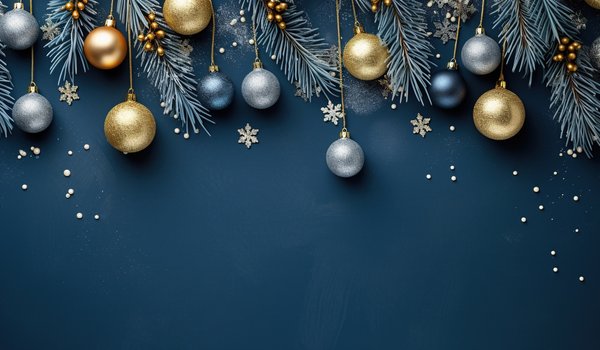 Обои на рабочий стол: background, balls, christmas, decoration, golden, happy, merry, new year, ветки ели, новый год, рождество, снежинки, фон, шары