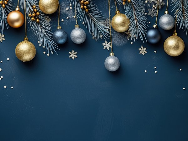background, balls, christmas, decoration, golden, happy, merry, new year, ветки ели, новый год, рождество, снежинки, фон, шары