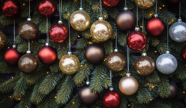 Обои на рабочий стол: background, balls, bokeh, christmas, decoration, golden, happy, merry, new year, red, tree, елка, новый год, рождество, фон, шары
