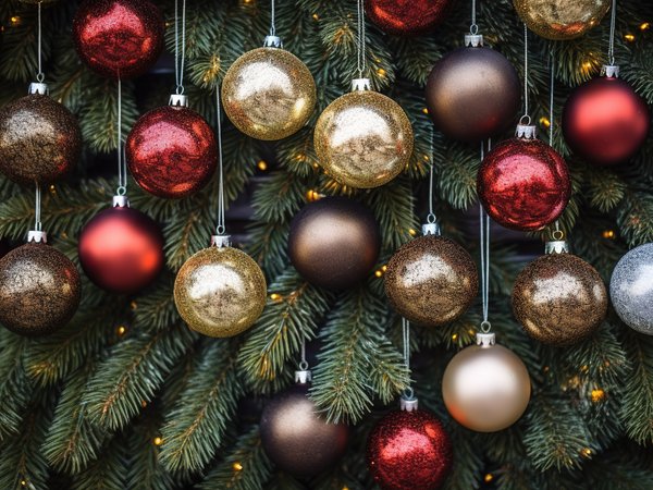 background, balls, bokeh, christmas, decoration, golden, happy, merry, new year, red, tree, елка, новый год, рождество, фон, шары