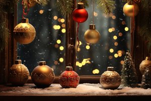 Обои на рабочий стол: background, balls, bokeh, christmas, decoration, golden, happy, merry, new year, red, tree, новый год, рождество, фон, шары