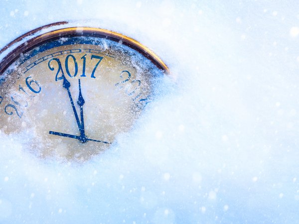 2017, год, снег, стрелки, цифра, часы