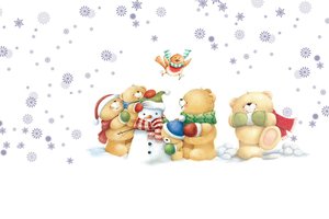 Обои на рабочий стол: Forever Friends Deckchair bear, арт, детская, зима, мишка, мнимализм, настроение, новый год, письмо, подарок, праздник, прогулка, птичка, снеговик, снежинки