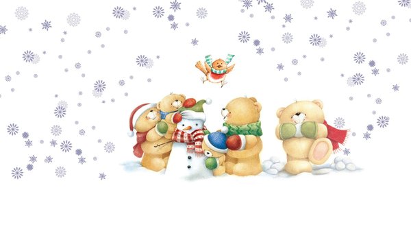 Обои на рабочий стол: Forever Friends Deckchair bear, арт, детская, зима, мишка, мнимализм, настроение, новый год, письмо, подарок, праздник, прогулка, птичка, снеговик, снежинки