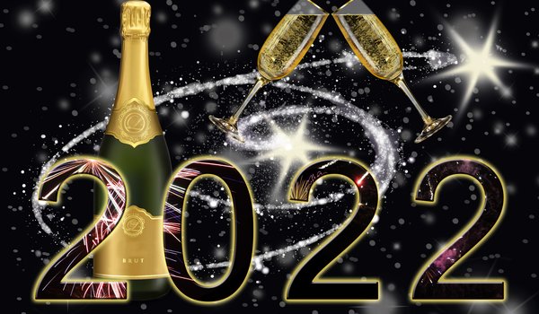 Обои на рабочий стол: 2022, бакалы, бутылка, новый год, салют, фейерверк, черный фон, шампанское