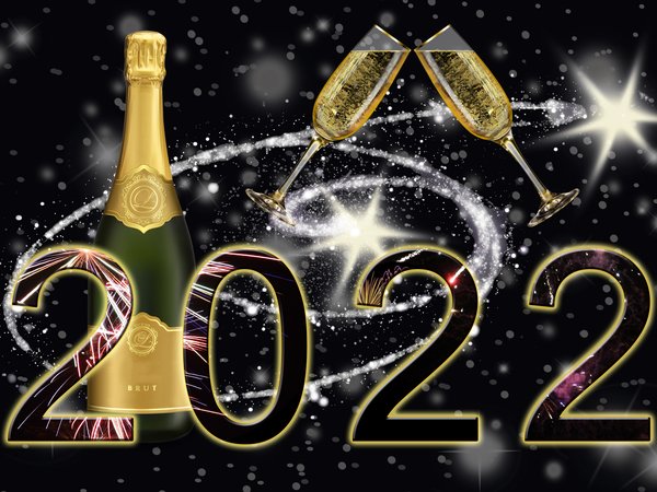 2022, бакалы, бутылка, новый год, салют, фейерверк, черный фон, шампанское