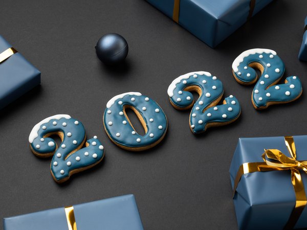 2022, новый год, печенье, подарки, фон, цифры, шарик