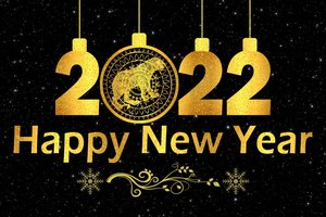 Обои на рабочий стол: 2022, буквы, висят, графика, дата, ёлочная игрушка, желтые, животное года, звездное небо, золотые, космос, круг, на английском языке, надпись, новый 2022 год, новый год, поздравление, позолота, символ года, снег, снежинки, Счастливого Нового года, тигр, узор, цифры, черный фон, шарик