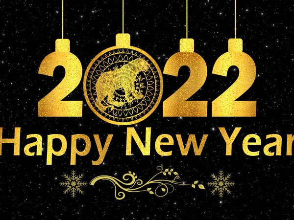 2022, буквы, висят, графика, дата, ёлочная игрушка, желтые, животное года, звездное небо, золотые, космос, круг, на английском языке, надпись, новый 2022 год, новый год, поздравление, позолота, символ года, снег, снежинки, Счастливого Нового года, тигр, узор, цифры, черный фон, шарик