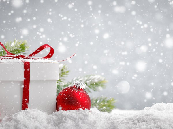 new year, еловые ветки, новый год, подарок, подарочек, снег, шары