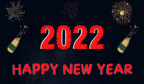 Обои на рабочий стол: 2022, бутылки, вино, дата, надпись, новый год, ночное небо, поздравление, праздник, салют, фейерверк, цифры, черный фон, шампанское