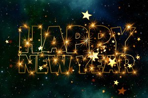Обои на рабочий стол: звезды, надпись, новый год, ночное небо, поздравление, позолота, праздник, сияние, Счастливого Нового года