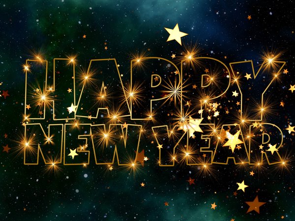 звезды, надпись, новый год, ночное небо, поздравление, позолота, праздник, сияние, Счастливого Нового года