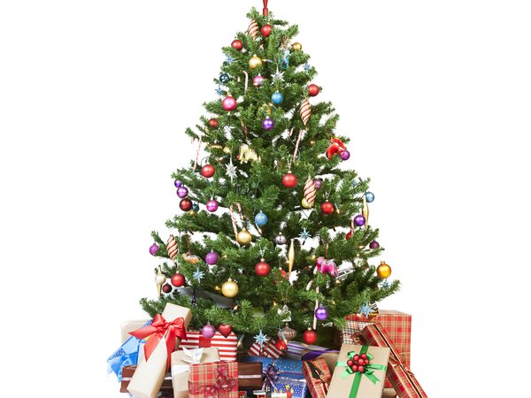 белый фон, елка, новый год, подарки, праздники, шарики