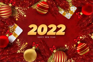 Обои на рабочий стол: 2022, ветки, красный фон, новый год, подарки, рождество, снежинки, шарики, шары