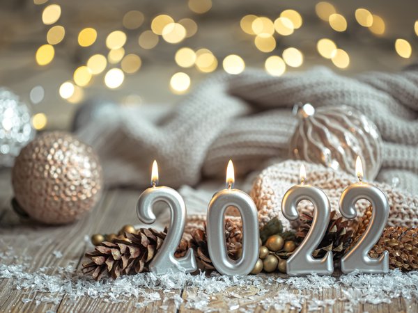 2022, блики, новый год, рождество, свечи, шарики, шишки